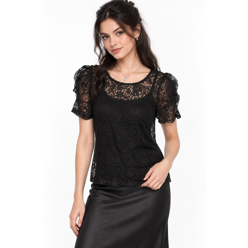 Dark Romantic Black Sheer Floral Lace Blouse Womens S Puff Sleeve Cami Goth